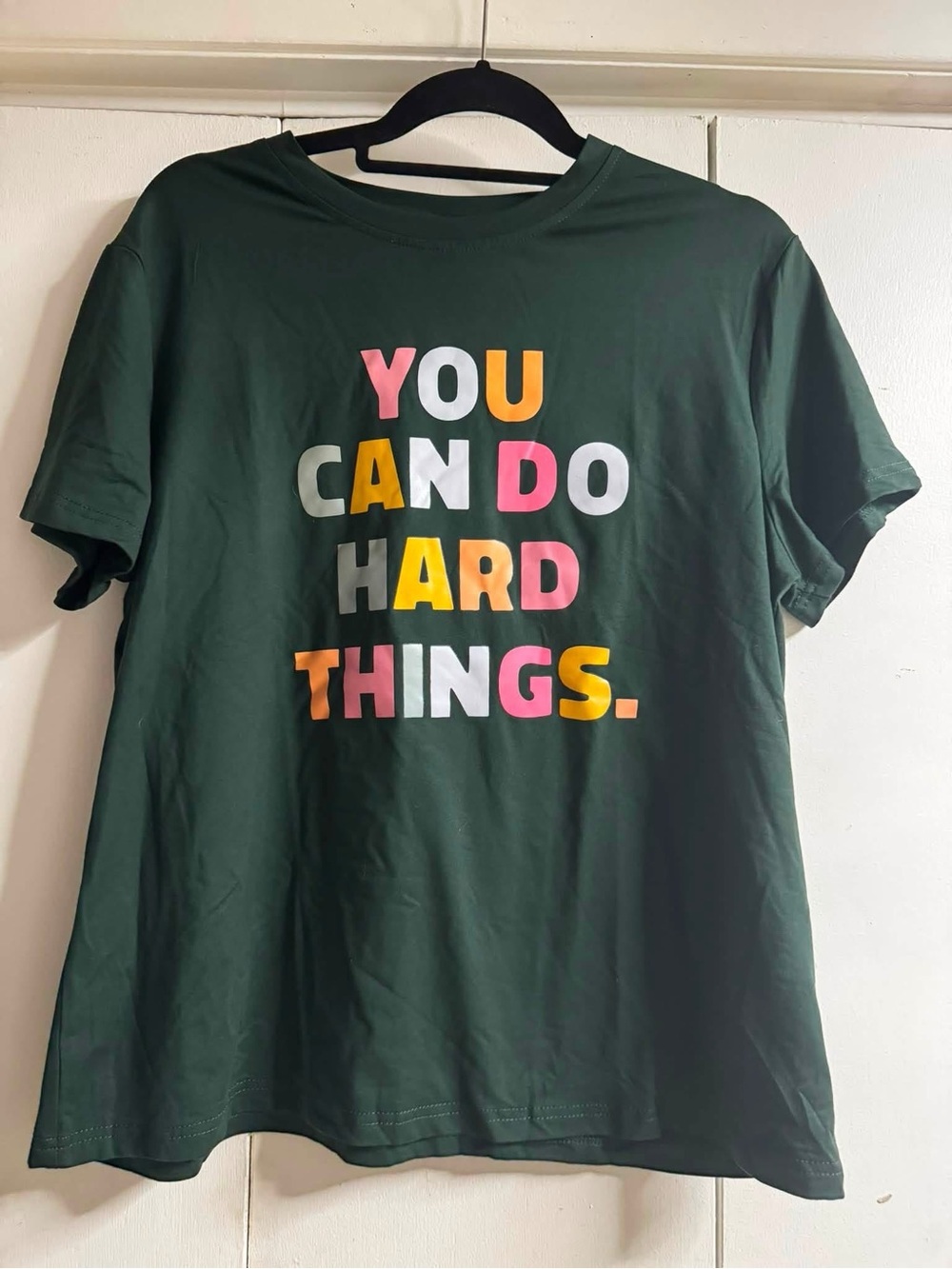 SHEIN Dark Green Short Sleeve Tee with Multicolor Motivational Print